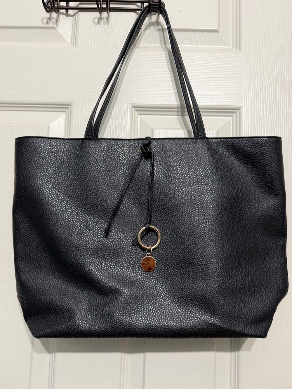 Anne Klein Black Pebbled Tote with Gold Charm